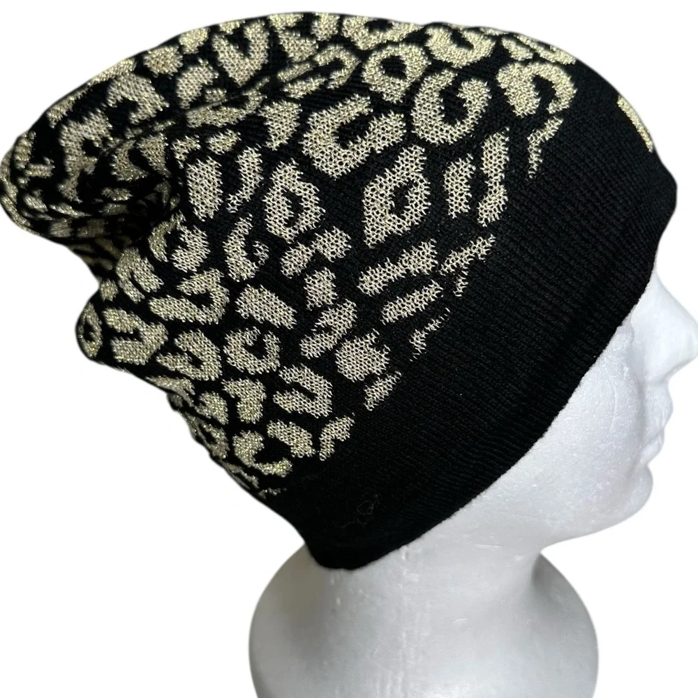 Michael Kors Black & Gold Soft Metallic Leopard Print Logo Hat/Beanie OS NWT